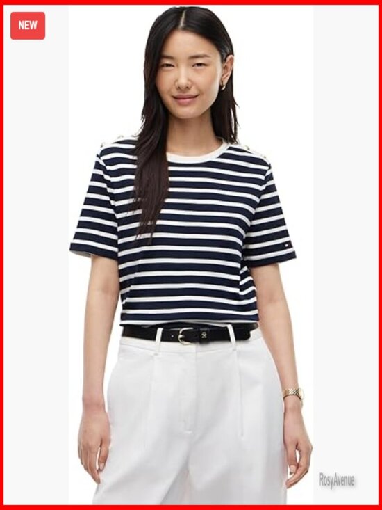 Tops - Short Sleeve Cotton Crew Neck Tee with Button Shoulder